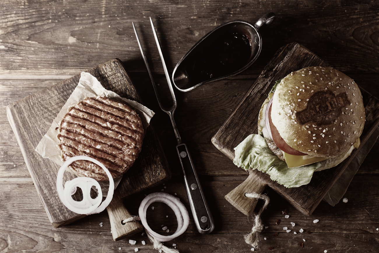 The Reel Burger on a branded bun